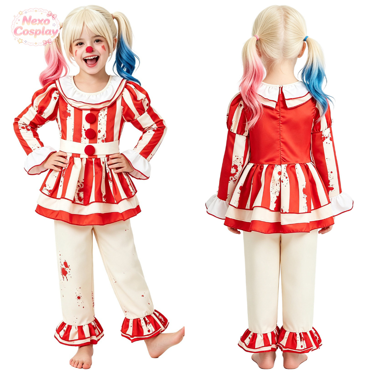 Anime Cosplay Kid - 키즈 레드 화이트 스트라이프 공포 광대