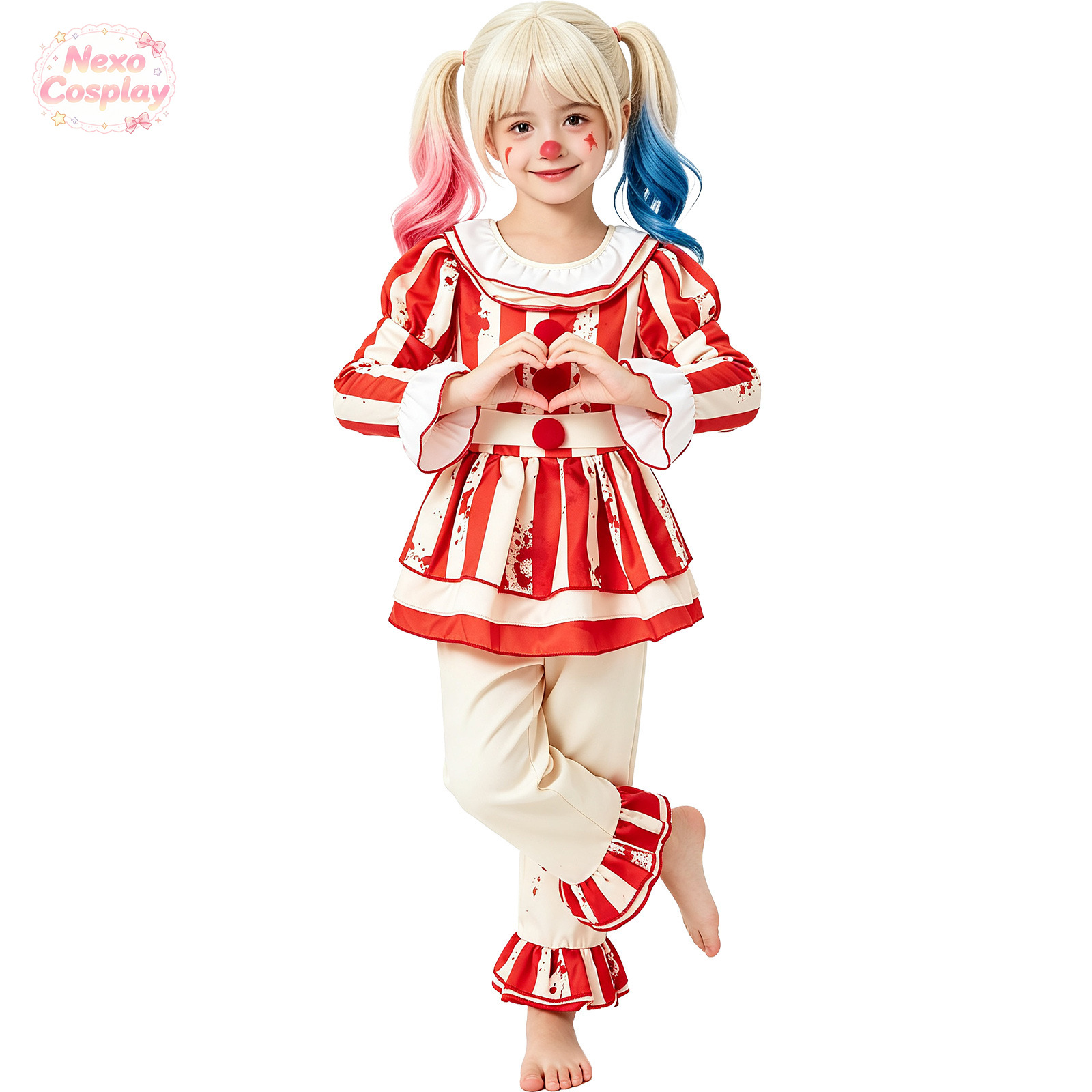 키즈 레드 화이트 스트라이프 공포 광대 정장 할로윈 코 - Anime Cosplay Kid 리뷰 및 가격