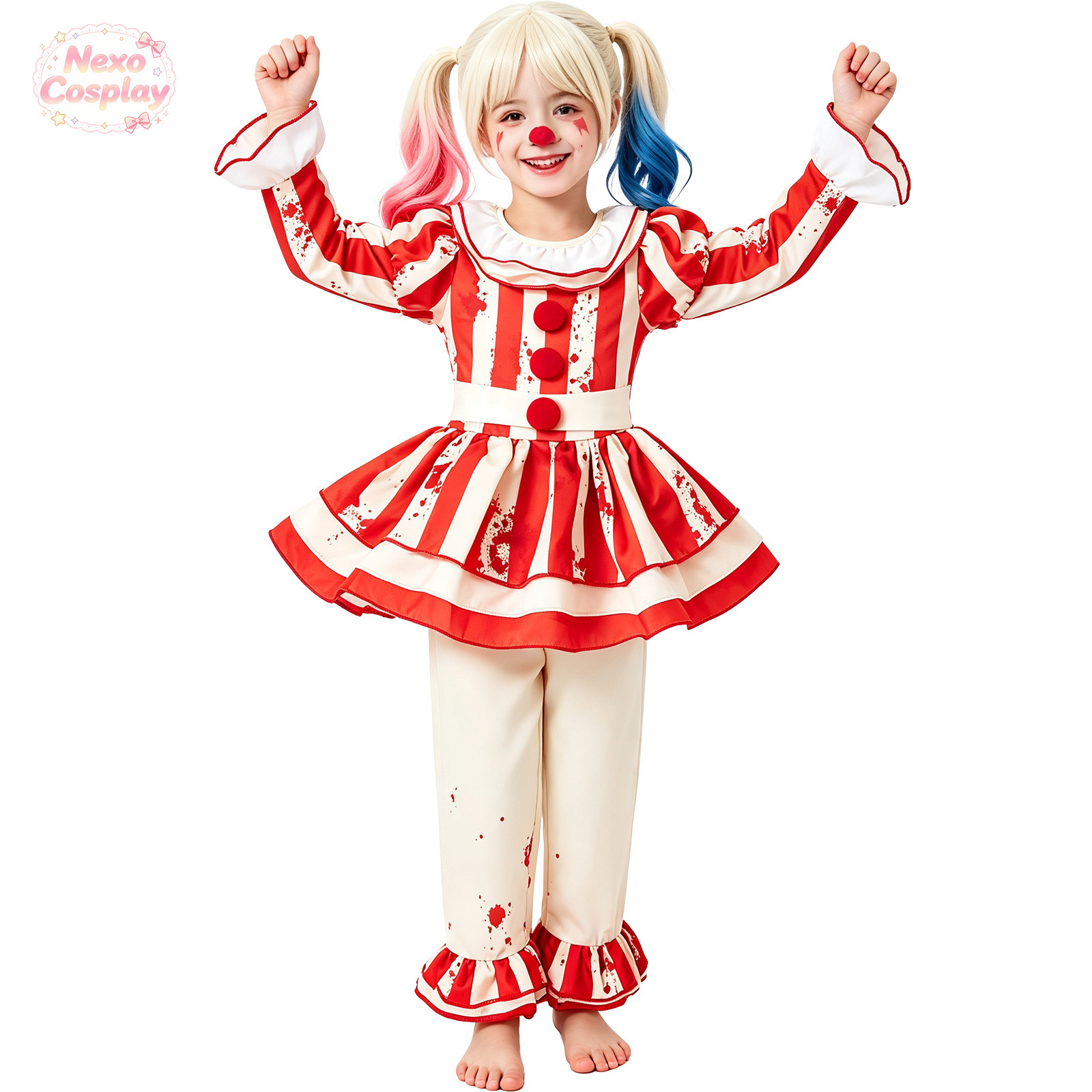 키즈 레드 화이트 스트라이프 공포 광대 정장 할로윈 코 - Anime Cosplay Kid 리뷰 및 가격