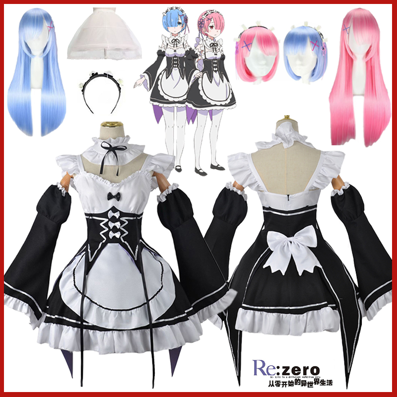 애니메이션 램 렘 로리타 메이드 코스프레 의상 Re:  - Re Zero Rem Wig 리뷰 및 가격